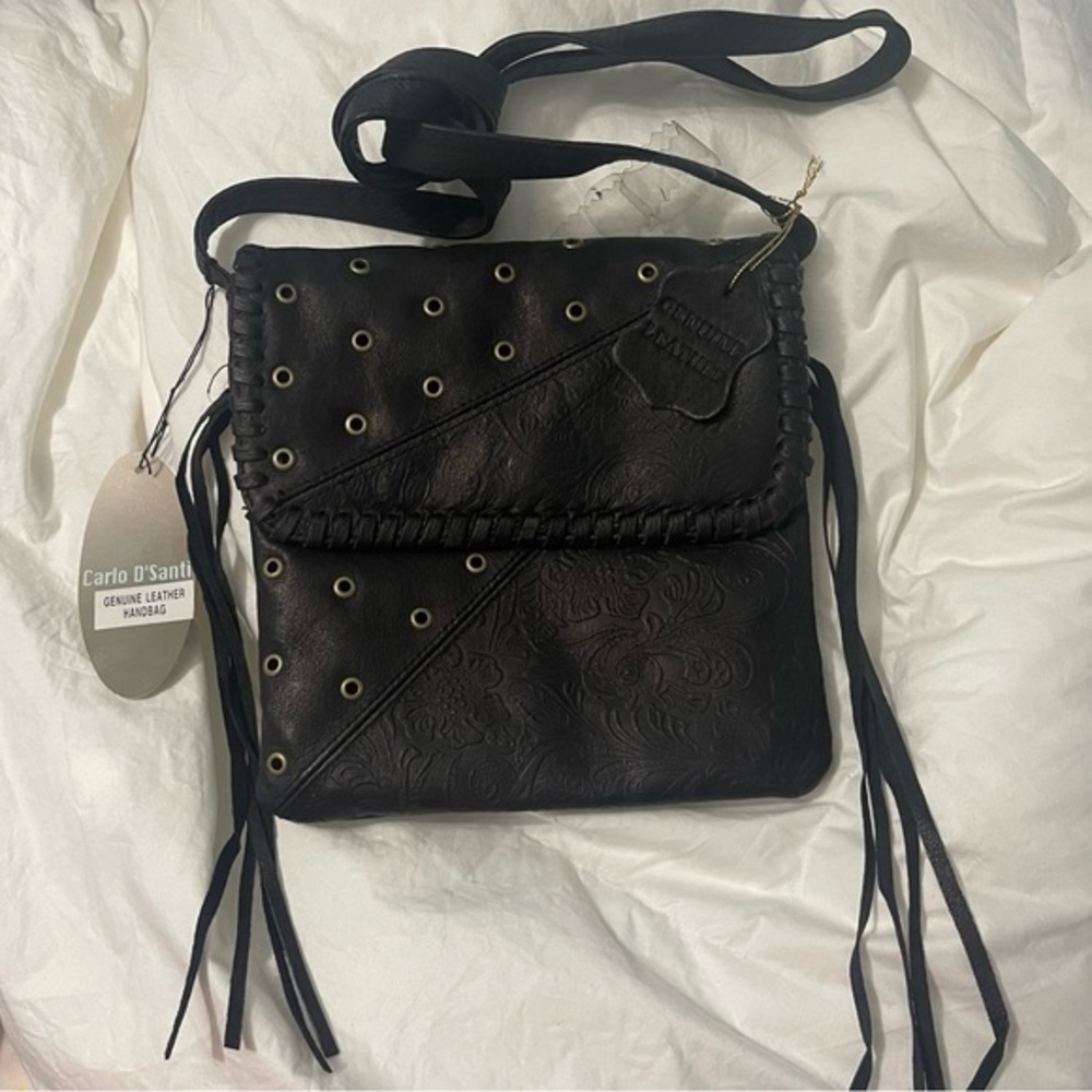 Black Genuine Leather Studded Fringe Crossbody Bag